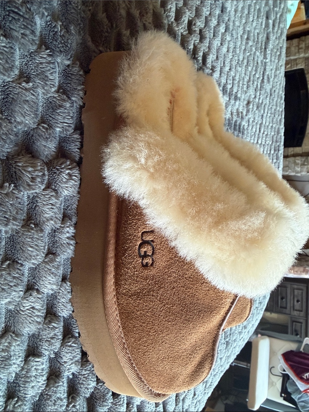 UGG Chestnut Suede Slip-On Slipper with Cream Shearling Collar